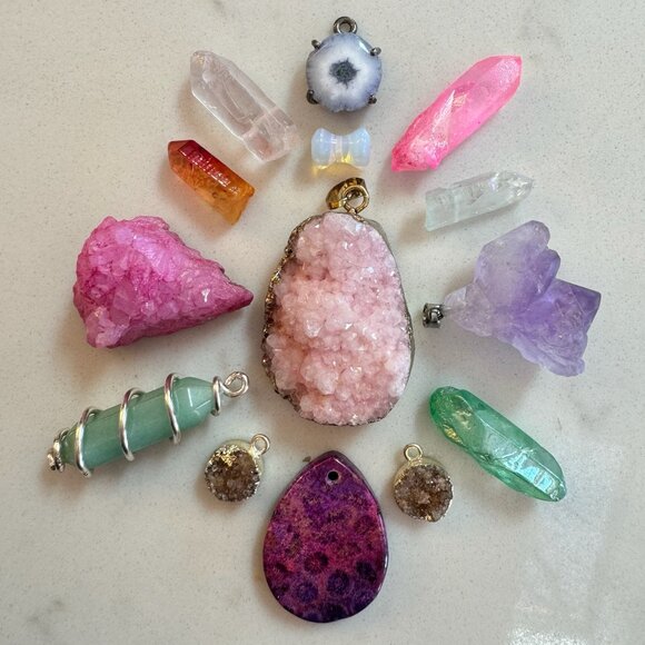Crystal Druzy and Gemstone Pendant Lot with Moonstone and Amethyst - Picture 1 of 16